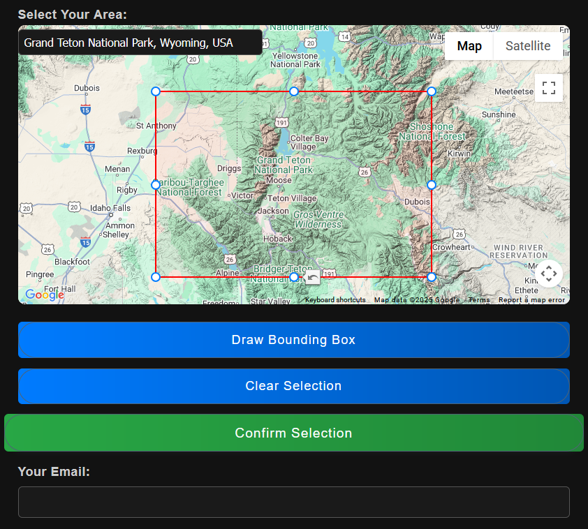 Terrastratas free inquiry map tool with a selected area around Grand Teton and an email field