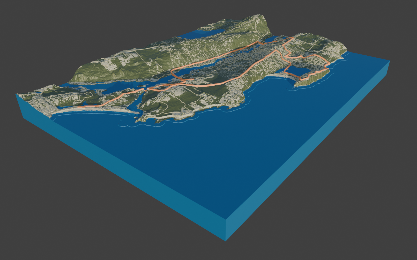 Angled view of the Terrastratas colored running model with an orange raised route, varied land color, and deep blue water.