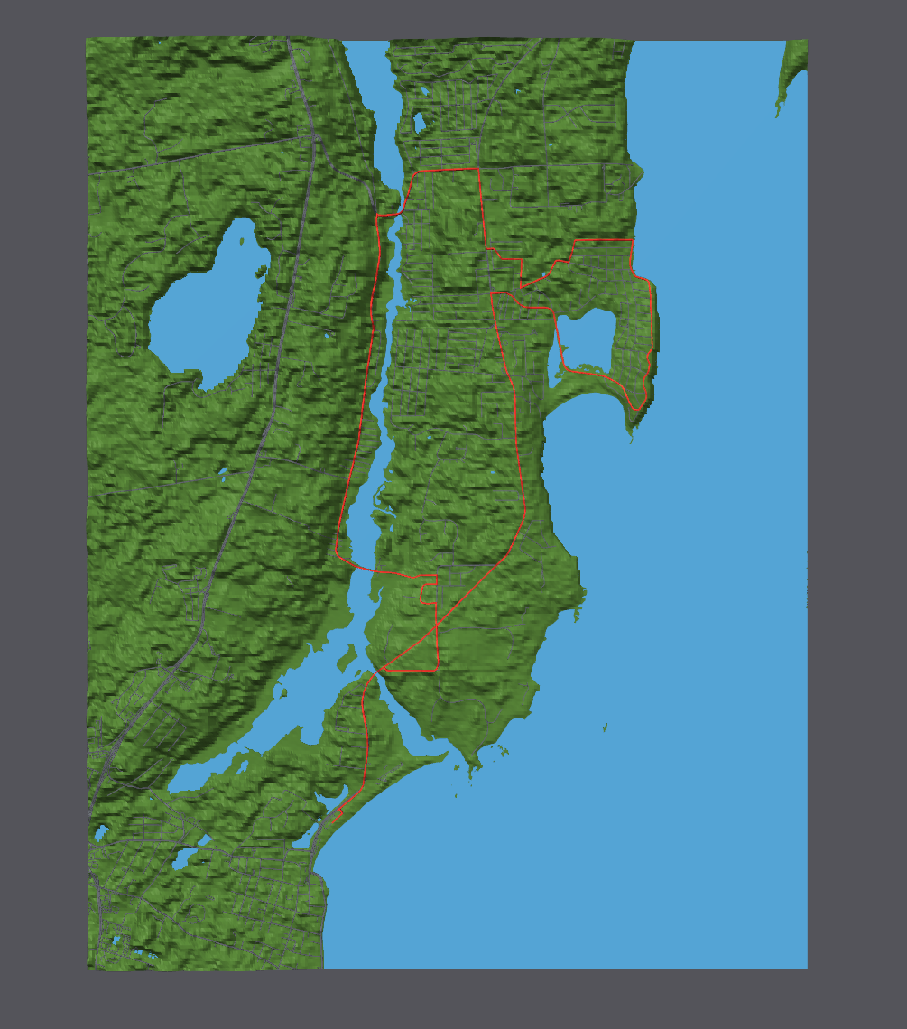 Top view of the generator running model with broad green land, light blue water, and a red route line.