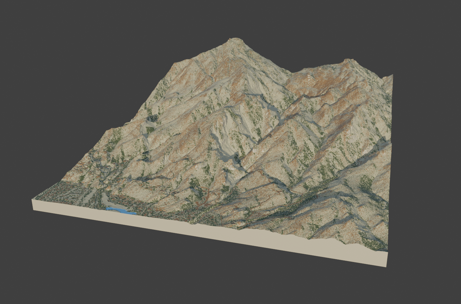 Angled view of the Terrastratas small-area model with terrain coloring across the mountain slopes.