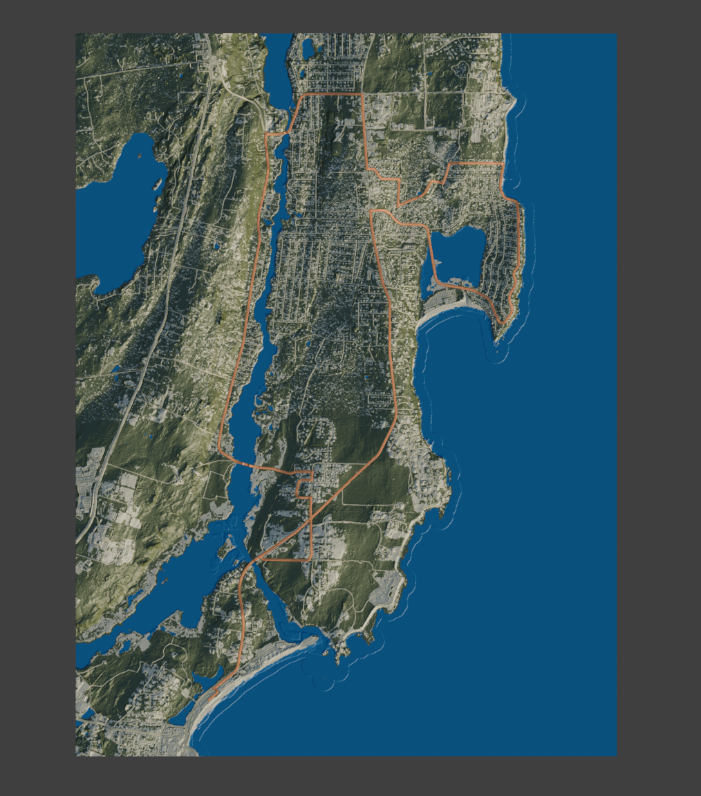 Top view of the Terrastratas running model with detailed land coloring, deep blue water, and an orange course.