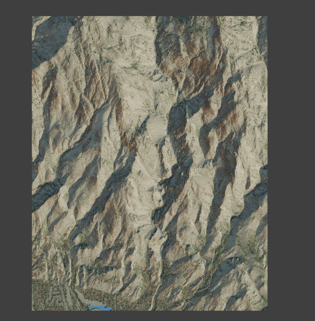 Top view of the Terrastratas small-area model with light rock, darker slopes, and vegetation coloring.